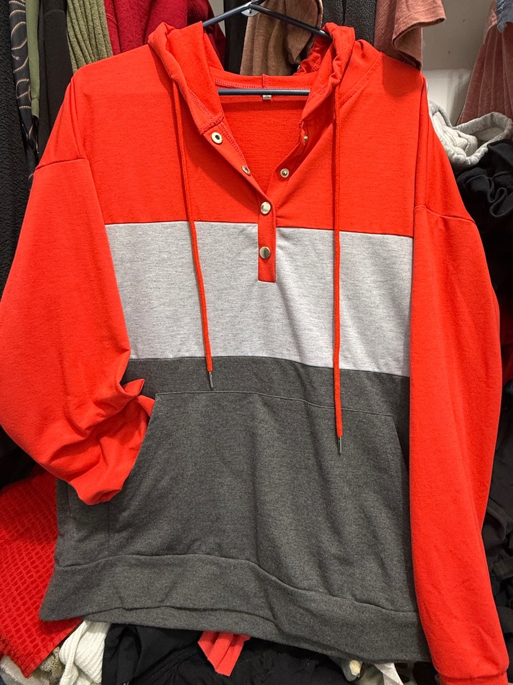 Women’s Colorblock Hooded Pullover Shirt - Red, Gray, Charcoal